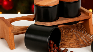 Mat Siyah Ege  Ahşap Standlı Saklama Kabı 10 cm 3 Parça