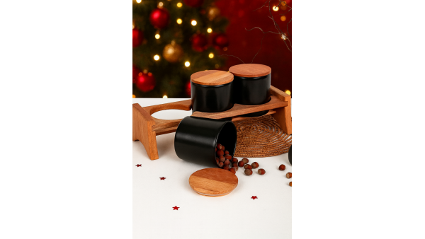 Mat Siyah Ege  Ahşap Standlı Saklama Kabı 10 cm 3 Parça