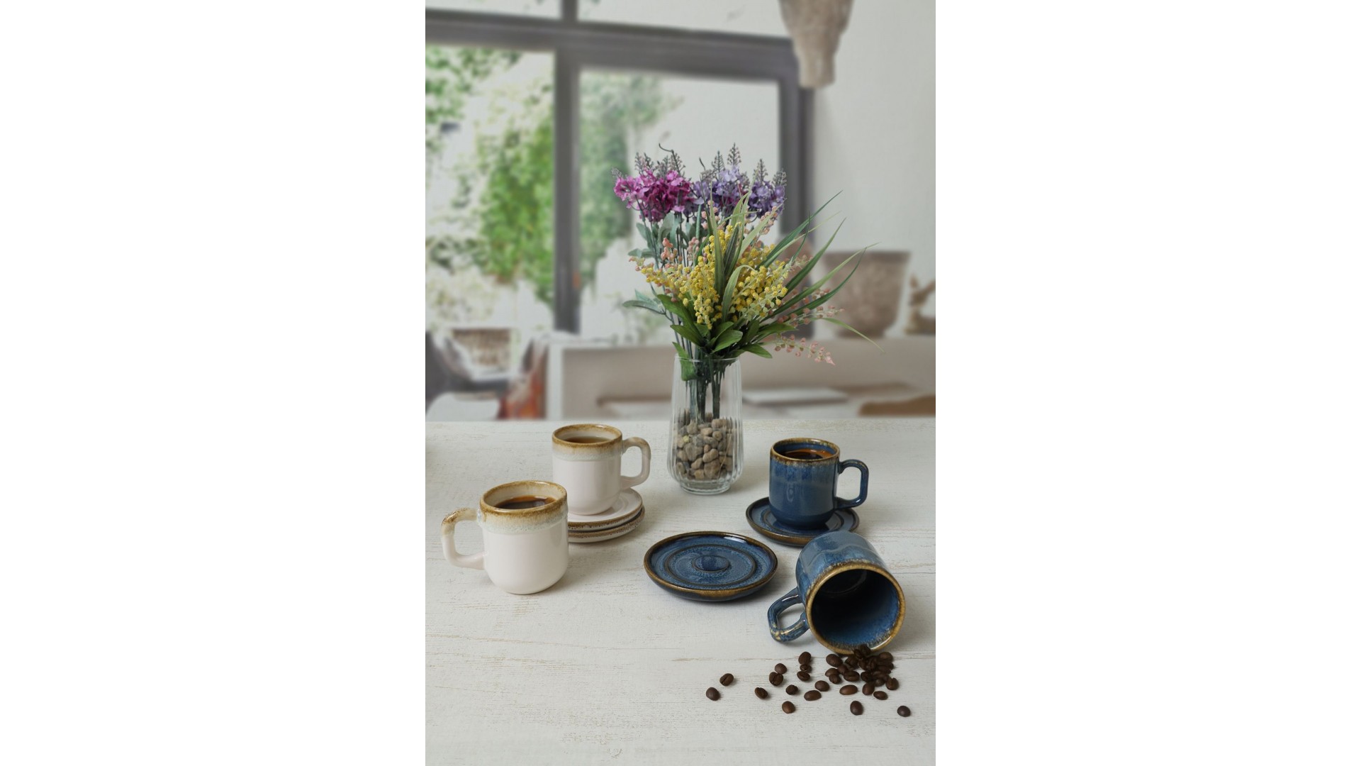 Shizen Mavi / Krem Formart Kahve Takımı 8 Parça 4 Kişilik Q39-Q44