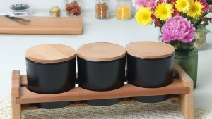 Mat Siyah Ege  Ahşap Standlı Saklama Kabı 10 cm 3 Parça