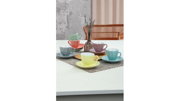 Keraart Soft Rainbow Badem Çay Fincan Takımı 12 Parça 6 Kişilik