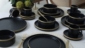 Mat Siyah Gold Fileli Stackable Yemek / Kahvaltı Takımı 20 Parça 4 Kişilik
