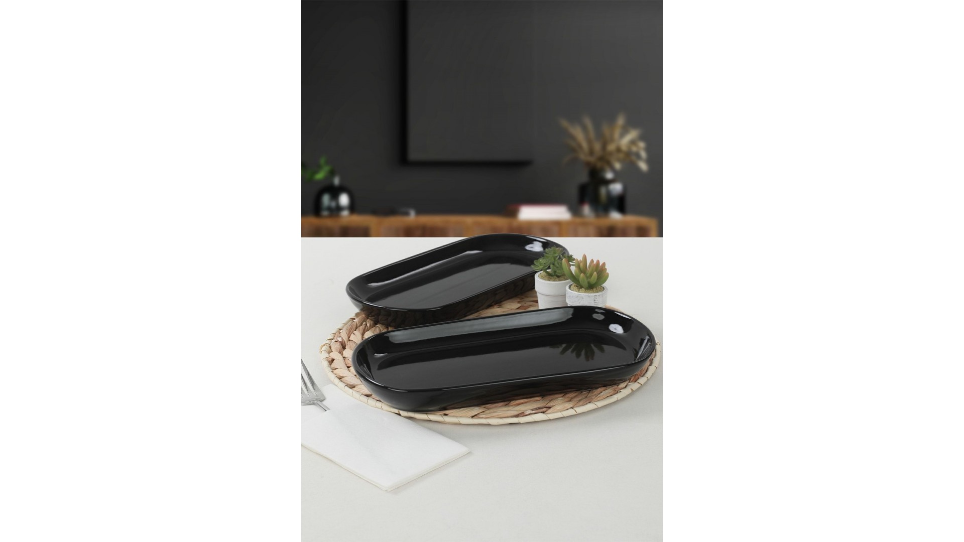 Siyah Noyan Kayık Tabak 2 Adet 28 Cm