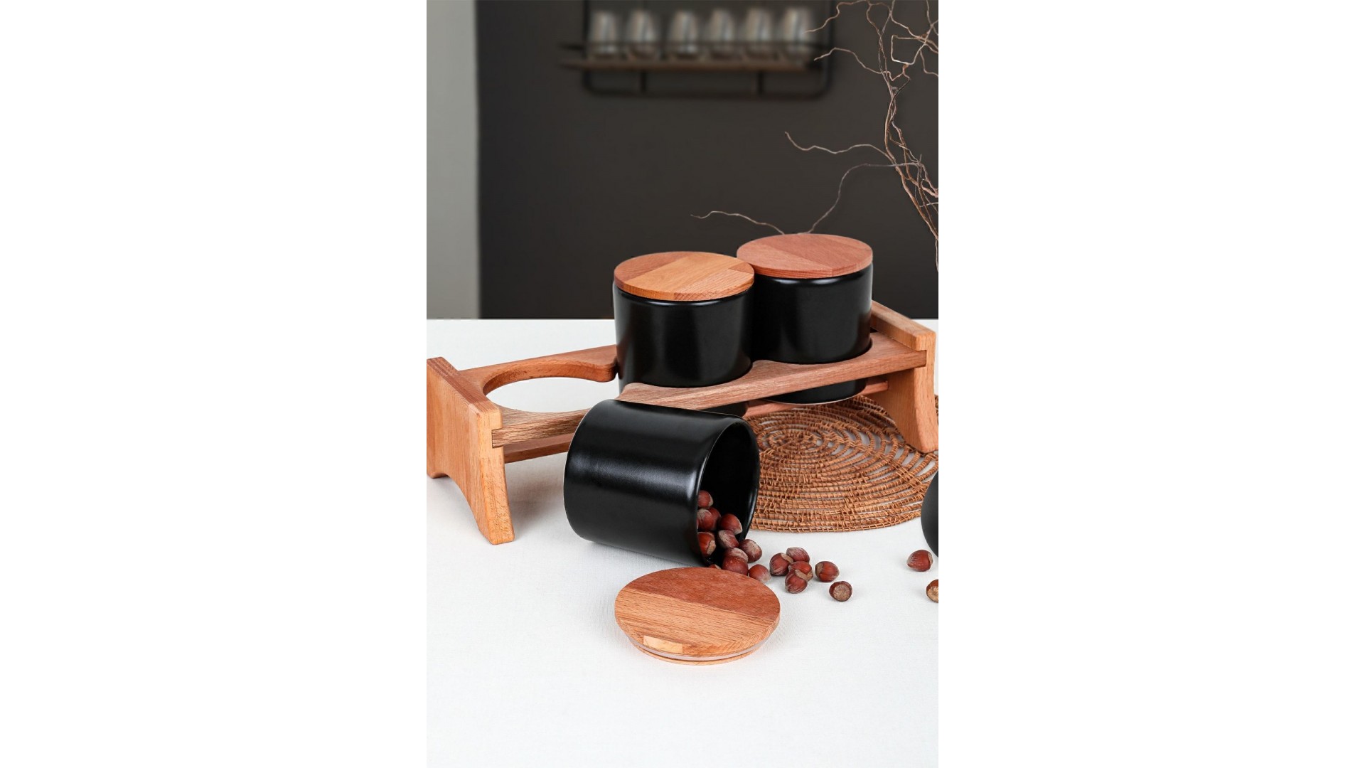 Mat Siyah Ege  Ahşap Standlı Saklama Kabı 10 cm 3 Parça