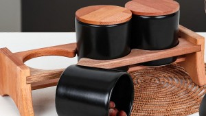 Mat Siyah Ege  Ahşap Standlı Saklama Kabı 10 cm 3 Parça