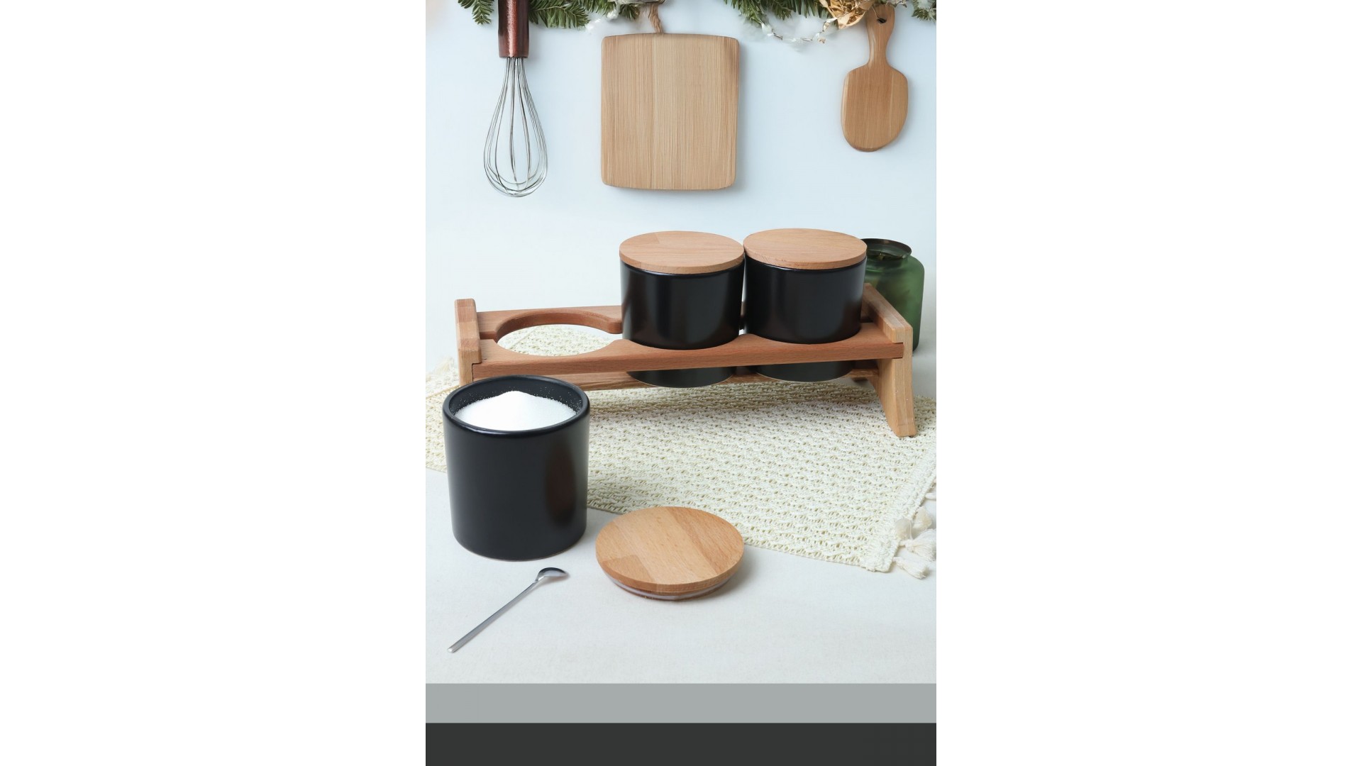 Mat Siyah Ege  Ahşap Standlı Saklama Kabı 10 cm 3 Parça